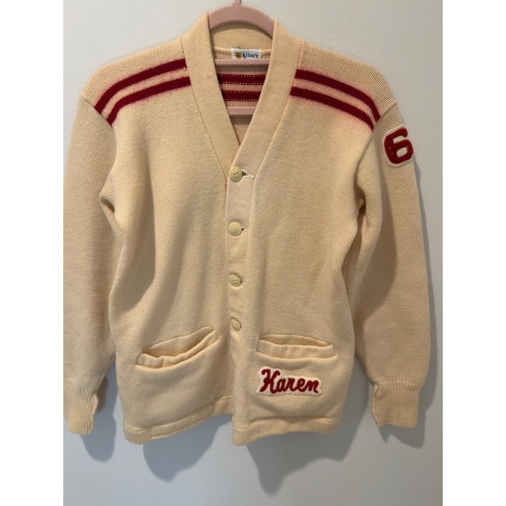Vintage 1960s Varsity Letterman Wool Sweater Cream Red